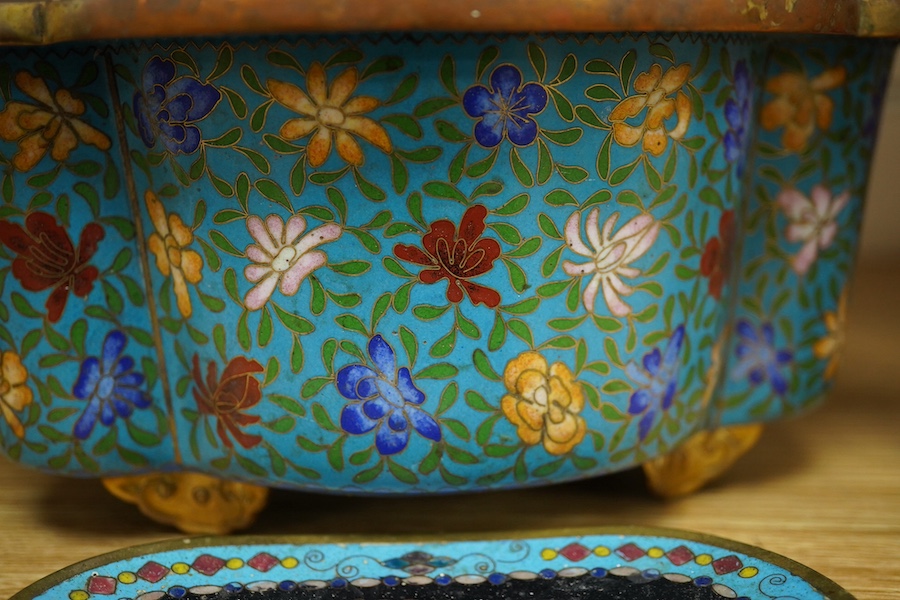 A late 19th century Chinese floral decorated cloisonné enamel quatrefoil shaped bowl on four feet and a similar pin dish, Bowl 24cm wide. Condition - interior marked